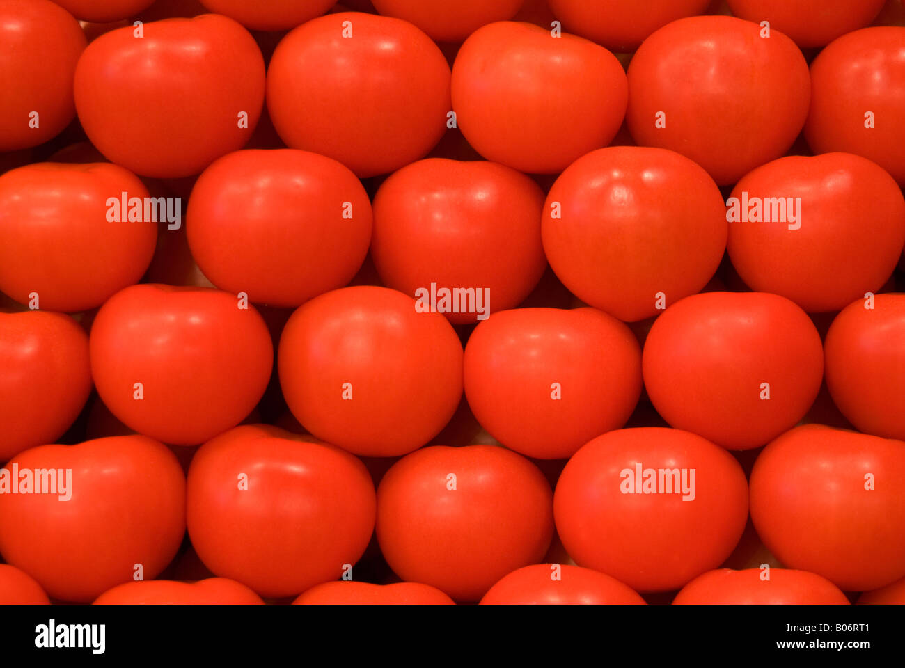 Spanish tomatoes neatly stacked in Barcelona market place Stock Photo