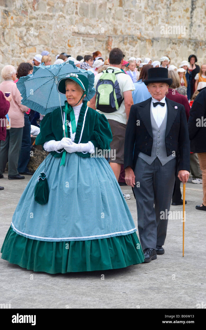 A man and woman in period clothing add atmosphere to an event held at the old prison in Hobart Tasmania Stock Photo
