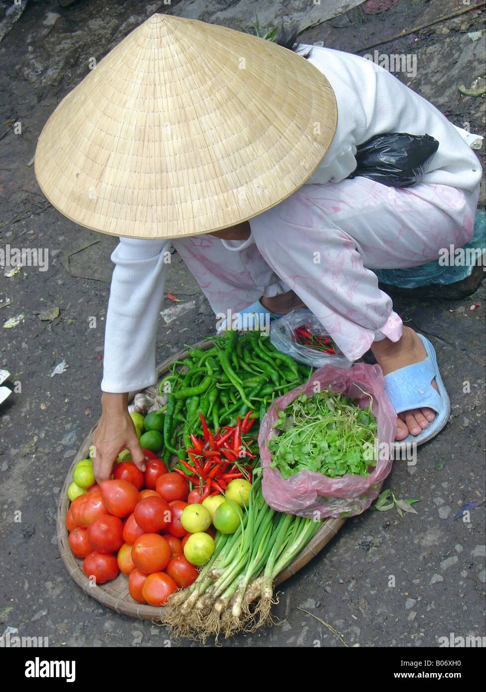 Hanoi Woman with vegetables Stock Photo
