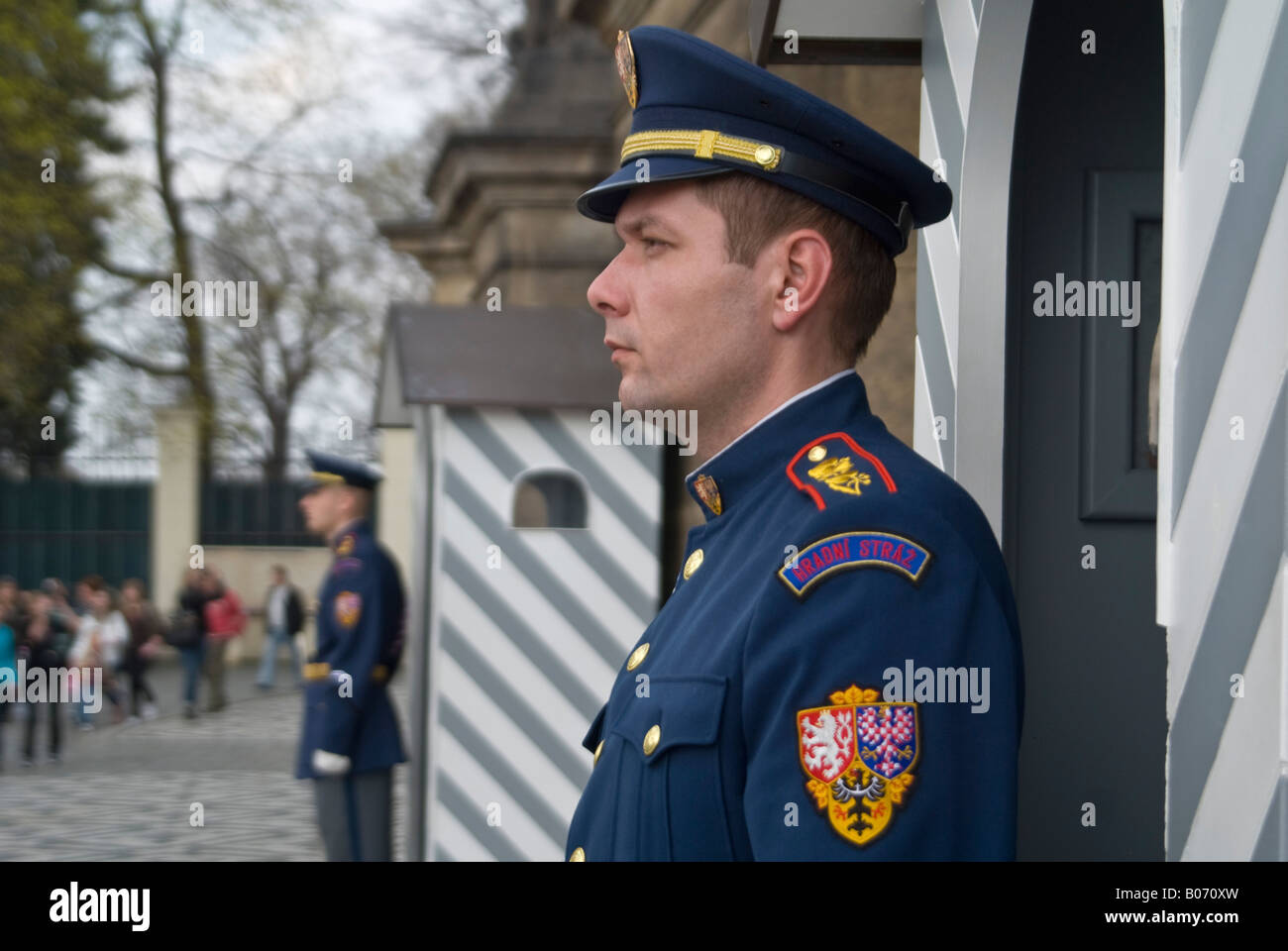 Horizontal close up of Castle Guards of the Czech Armed Forces on duty outside Prague Castle 'Prazsky Hrad' in the sunshine. Stock Photo