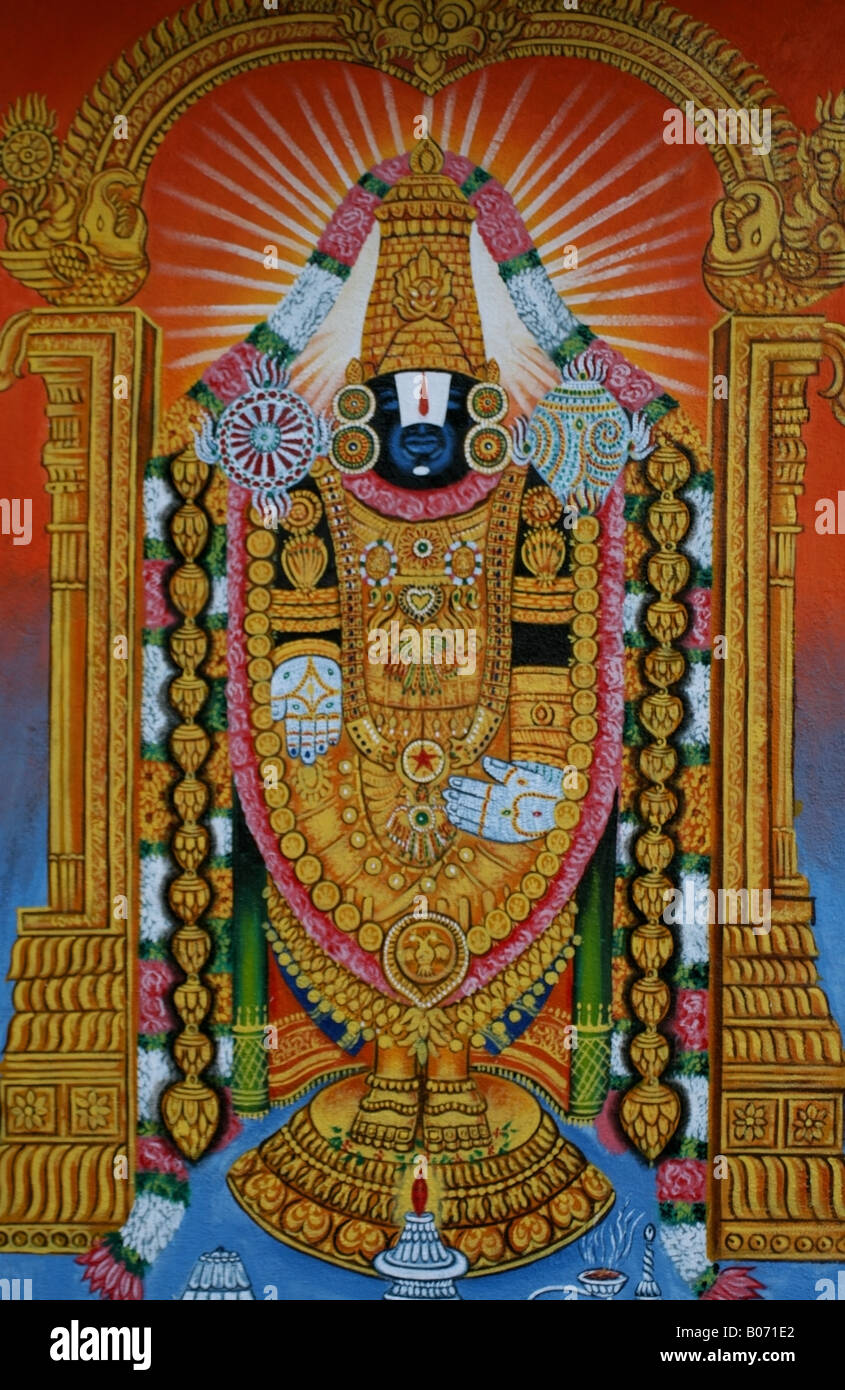 Mural of the Hindu god Vishnu form Venkateswara on a temple wall ...