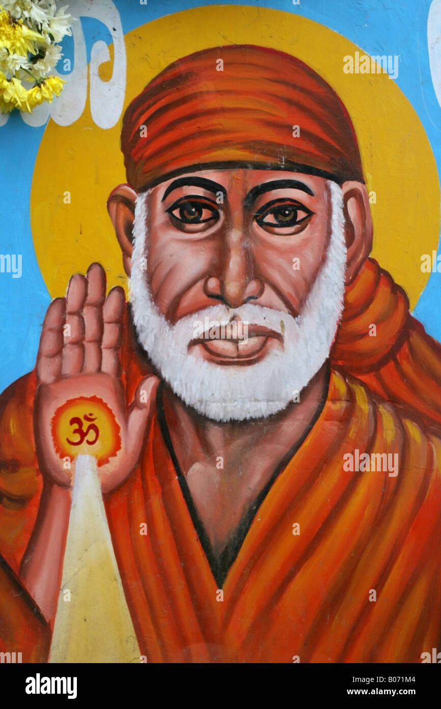 Drawing on billboard outside an Indian temple of Sai Baba of ...