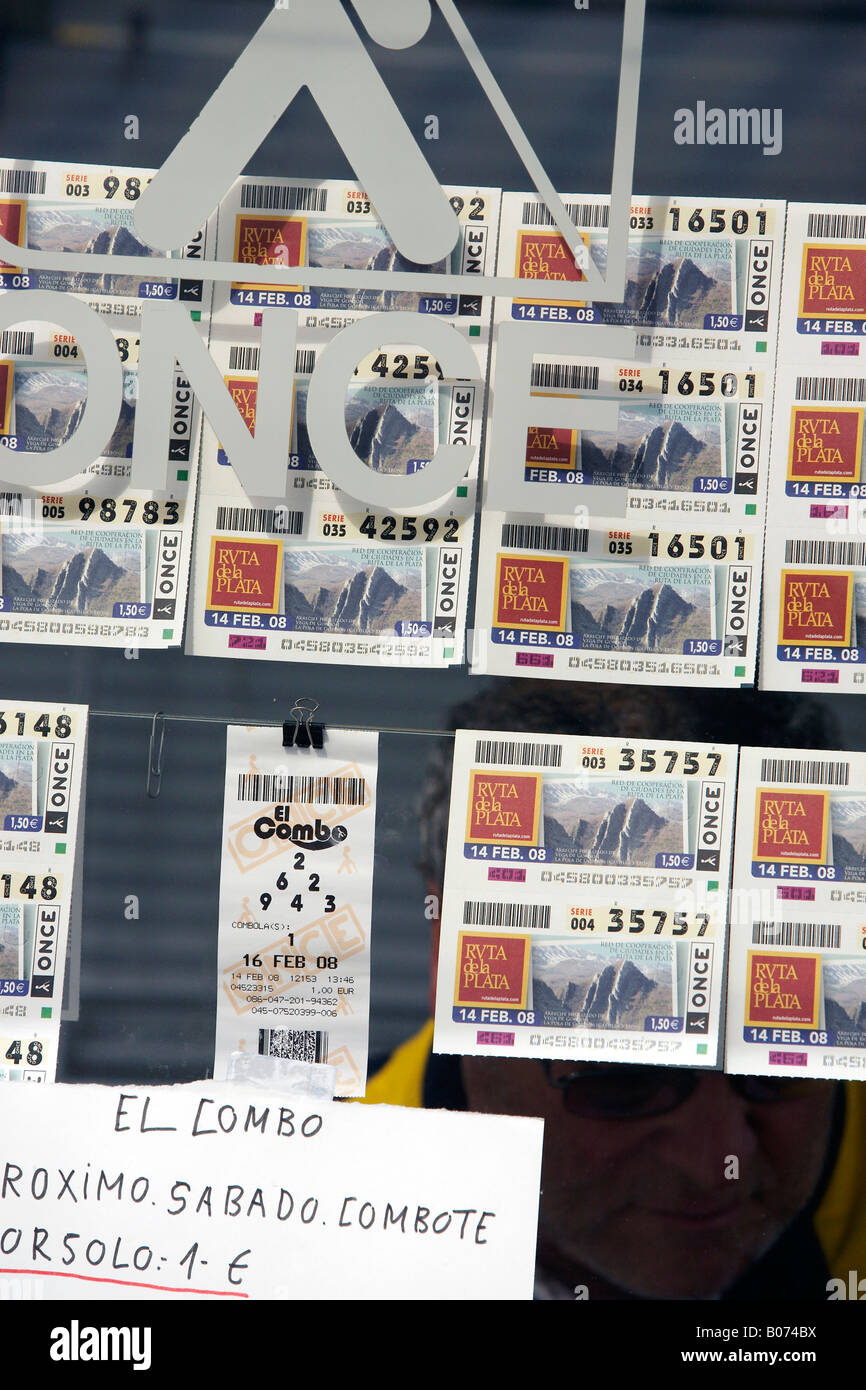 Lottery tickets in the window of a kiosk in Andalucia Spain Stock Photo