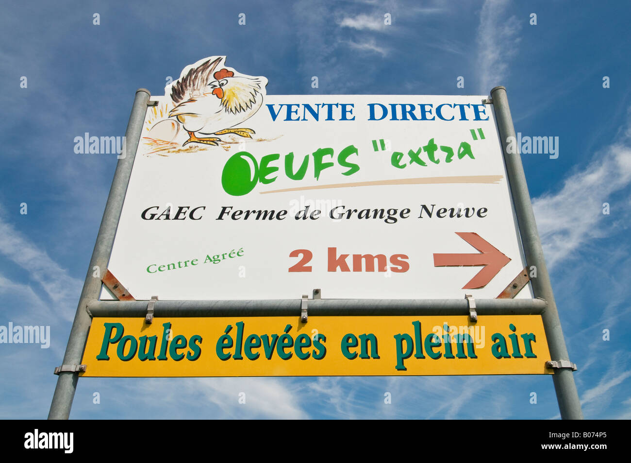 Free-range egg farm sign, France. Stock Photo