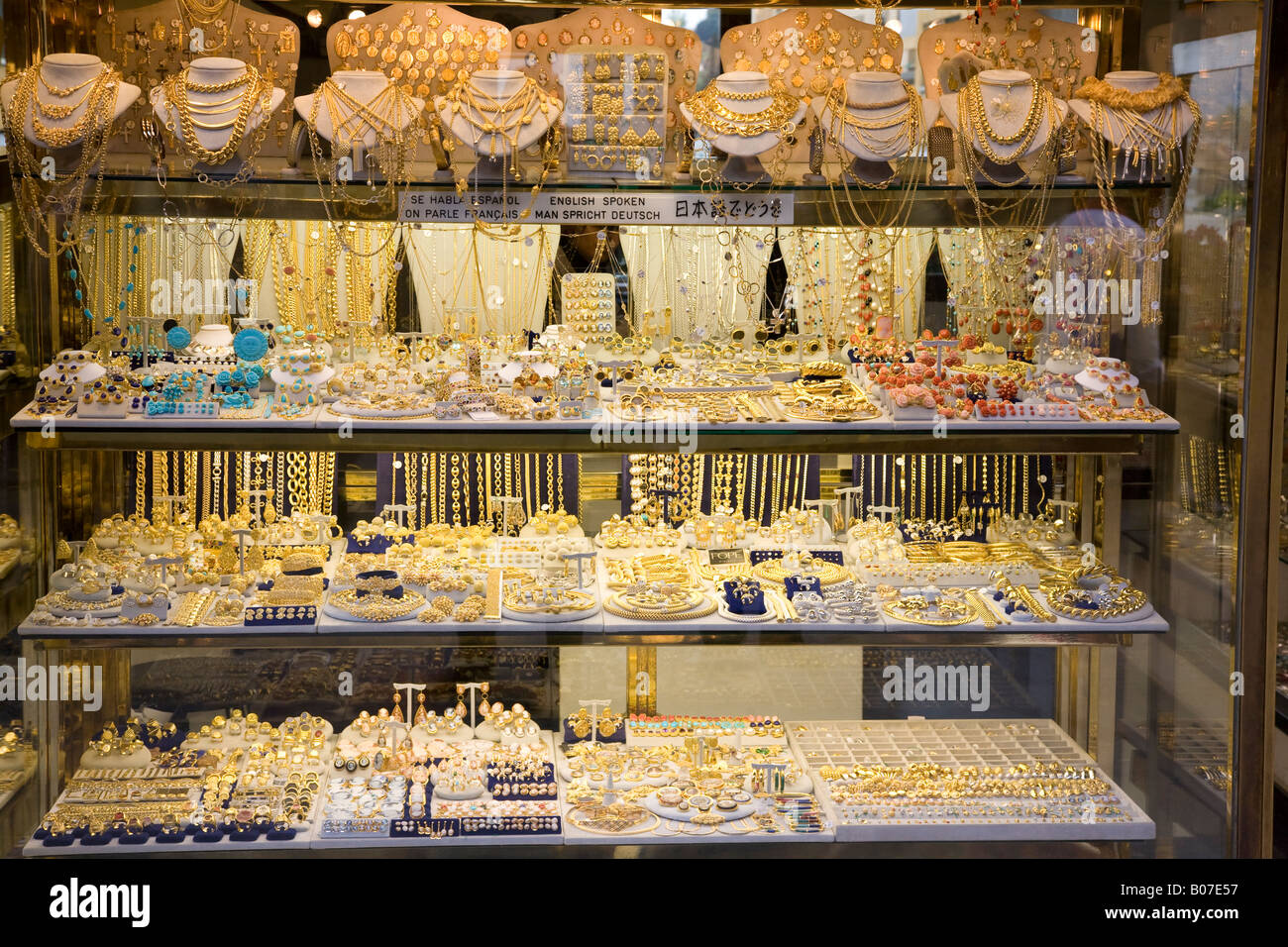 expensive jewellery in a shop window on Ponte Vecchio Florence Stock Photo