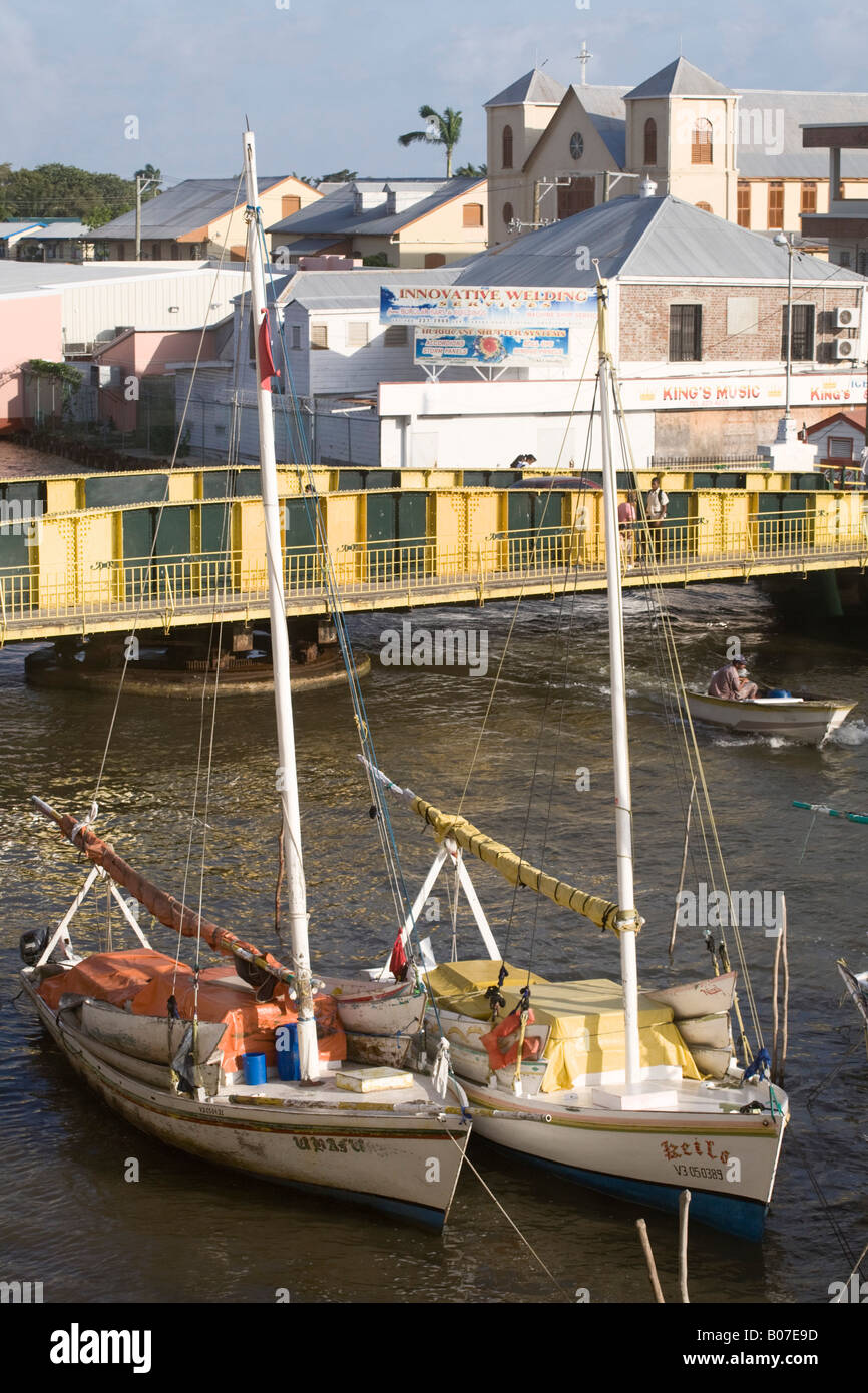 Belize, Belize City, Haulover Creek, Fishing boats near Swing Bridge Stock Photo