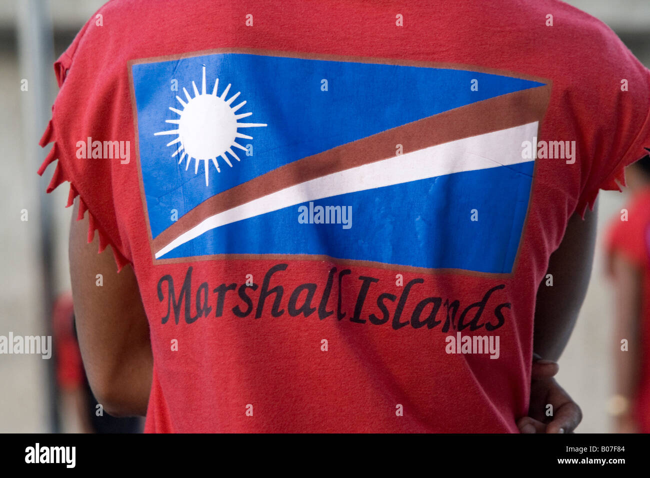 Red Tshirt, Jabor Village, Jaluit Atoll, Marshall Islands Stock Photo