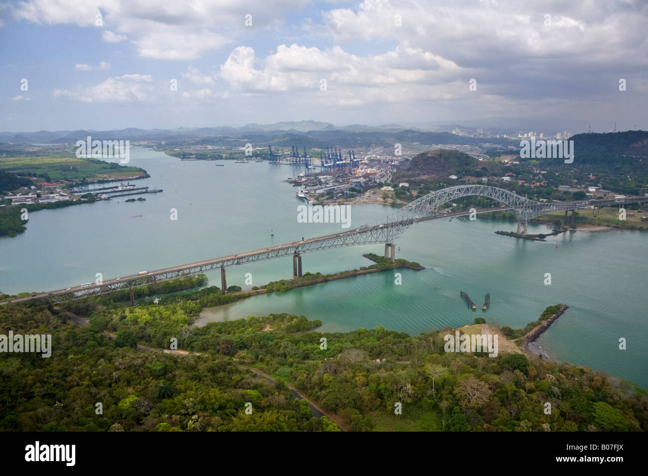 Panama, Panama City, Bridge of the Americas, Balboa Port and the Panama Canal Stock Photo