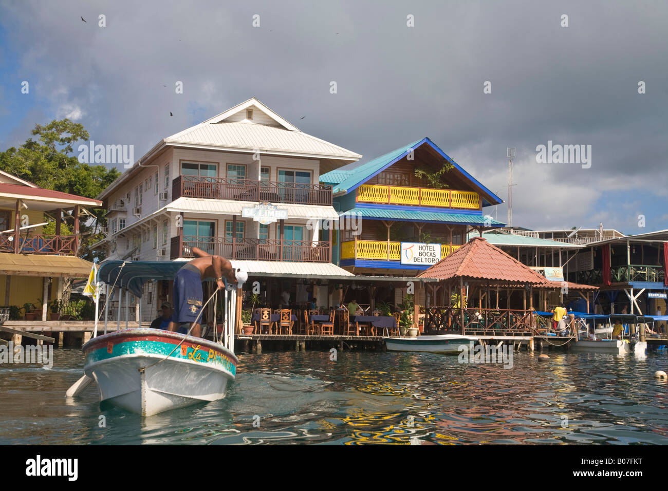 Panama, Bocas del Toro Province, Colon Island  (Isla Colon), Waterfront hotels Stock Photo