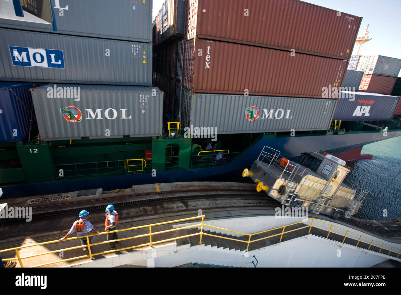 Panama, Panama Canal, Mechanical mule or electric locamotive guiding  container ship through  Gatum  Locks, Stock Photo