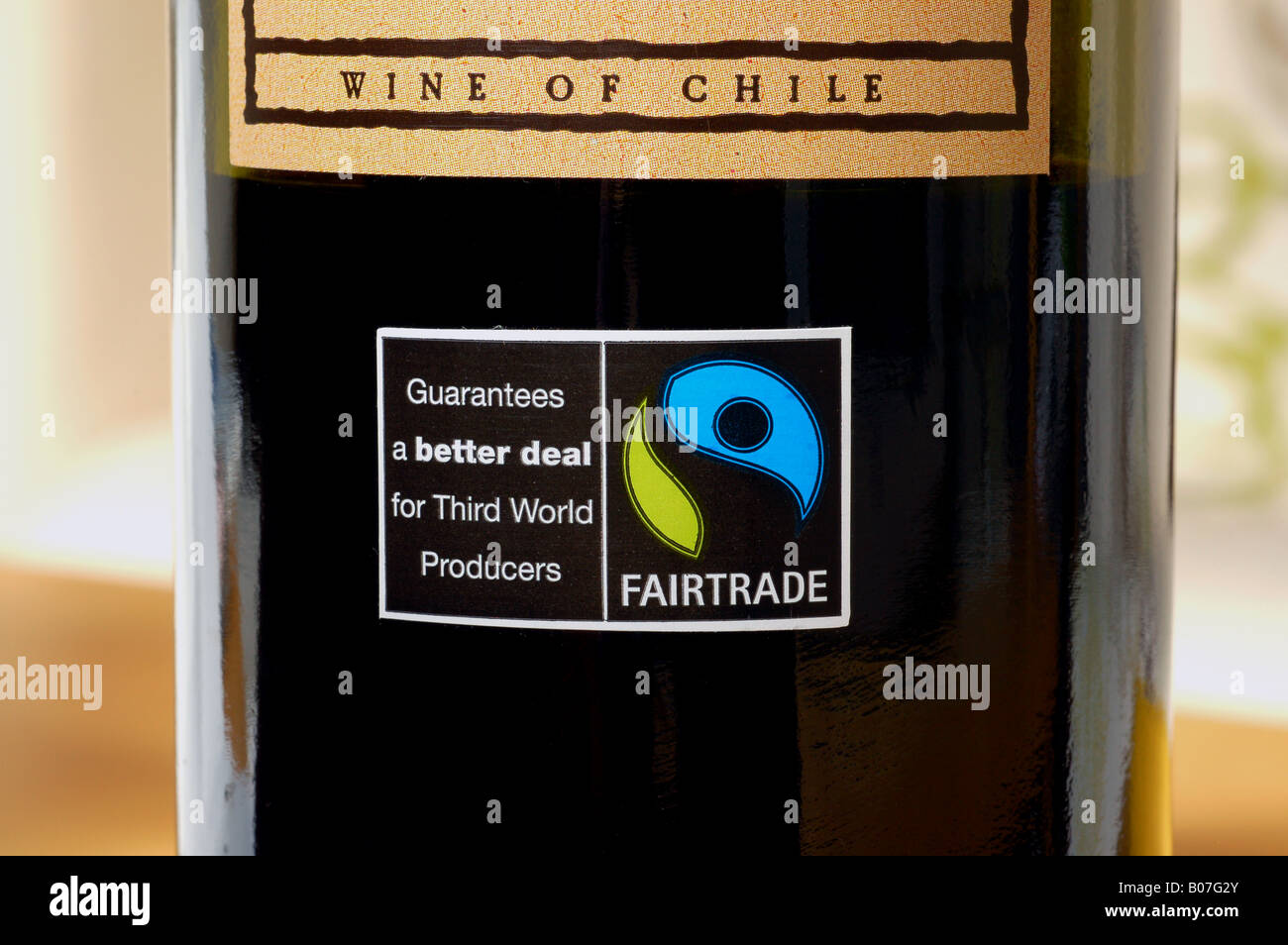 Fair Trade Logo On A Bottle Of Chilean Wine Stock Photo