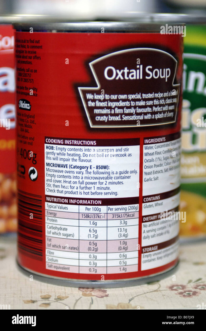 Packaging labels on food stuffs with information on artificial colorings additives and serving values Stock Photo