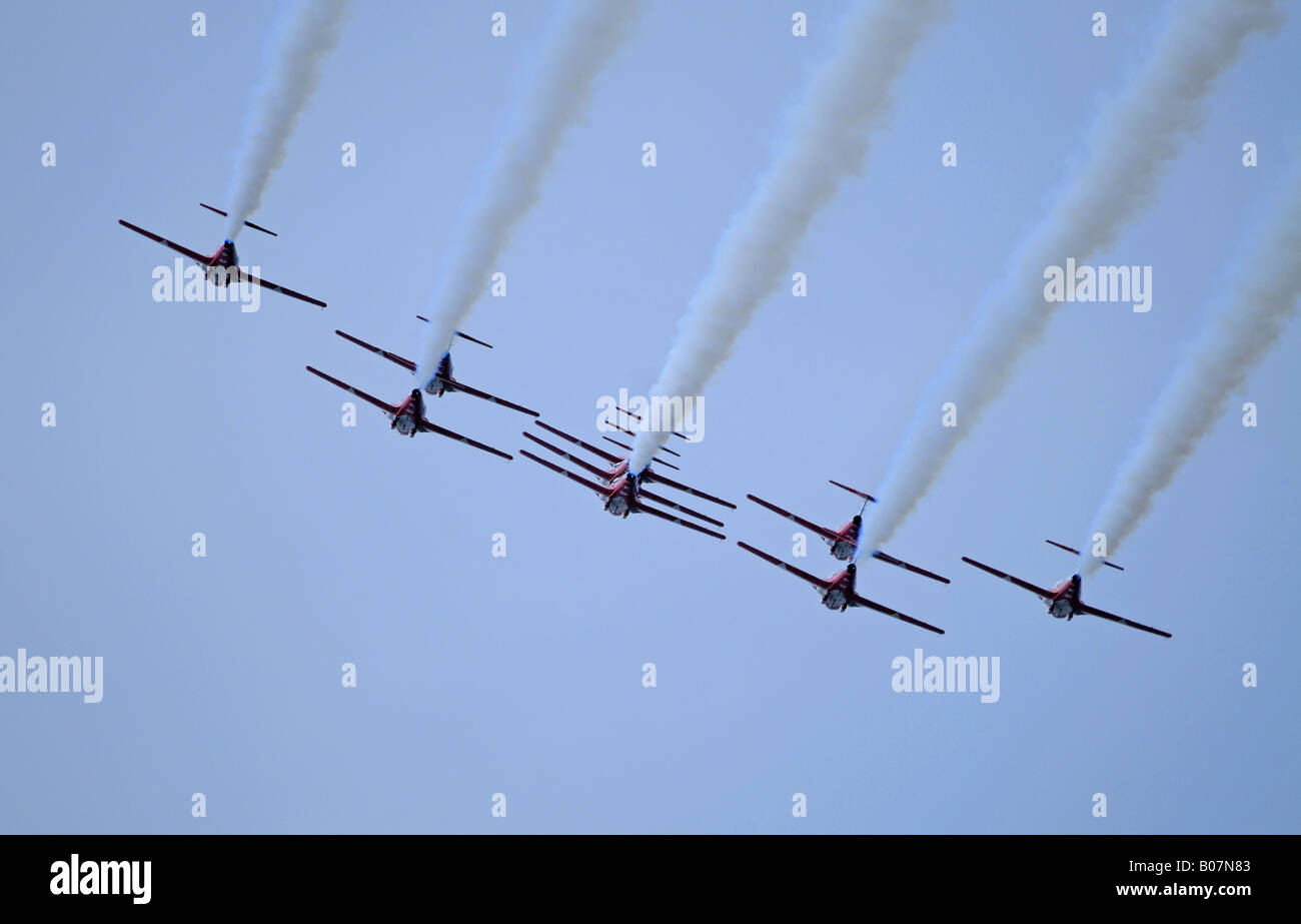 The Canadian Snowbirds aviation nine plane display team in practice over the Comox Forces Base Vancouver Island British Columbia Stock Photo