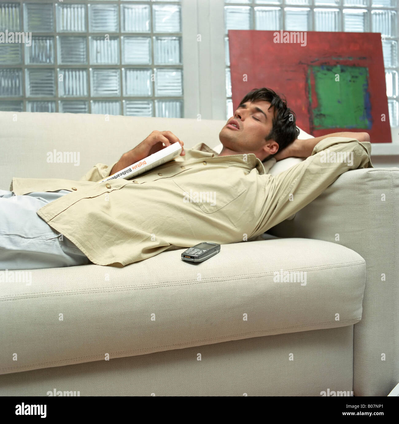 Mid adult man lying on a settee with a handbook, sleeping Stock Photo