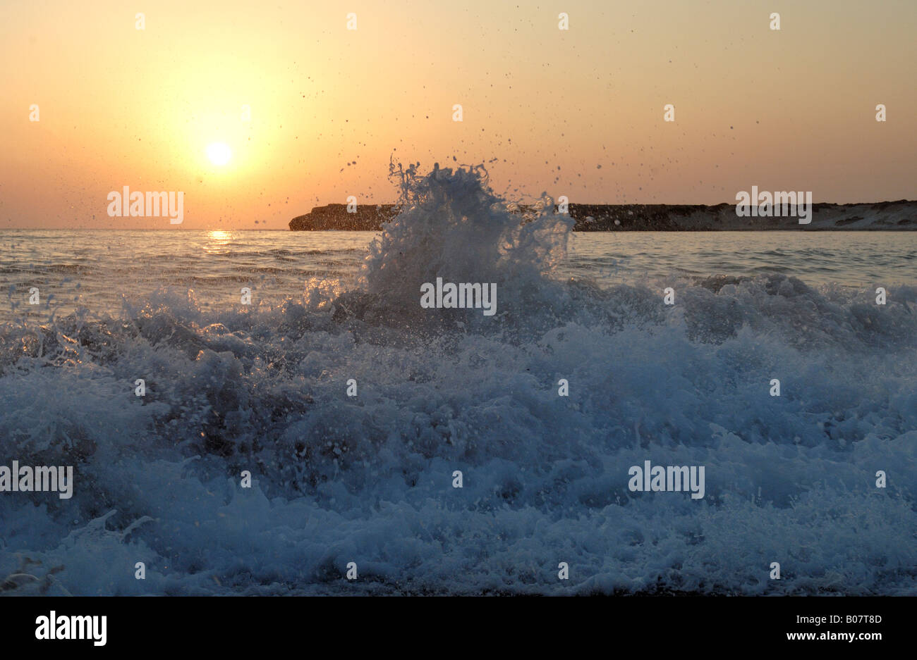 Splashing wave backlit by the setting sun, Lara Beach, Akamas Nature Reserve, Paphos Region, Cyprus Stock Photo