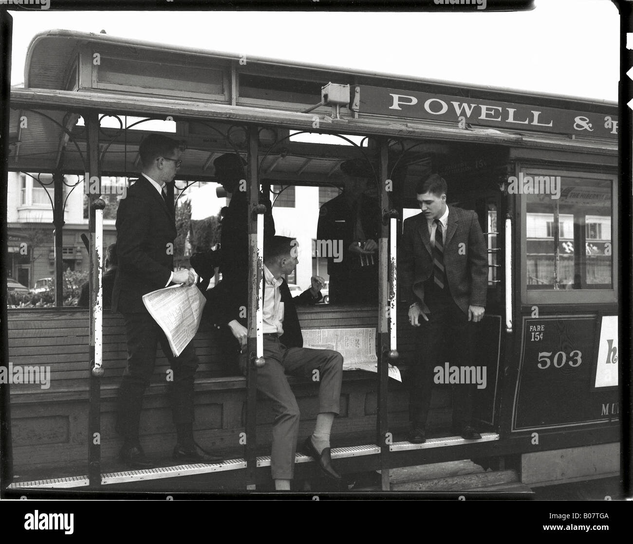 Early morning commuters on Powell and Hyde tram 1960s, San Francisco, America, USA Stock Photo