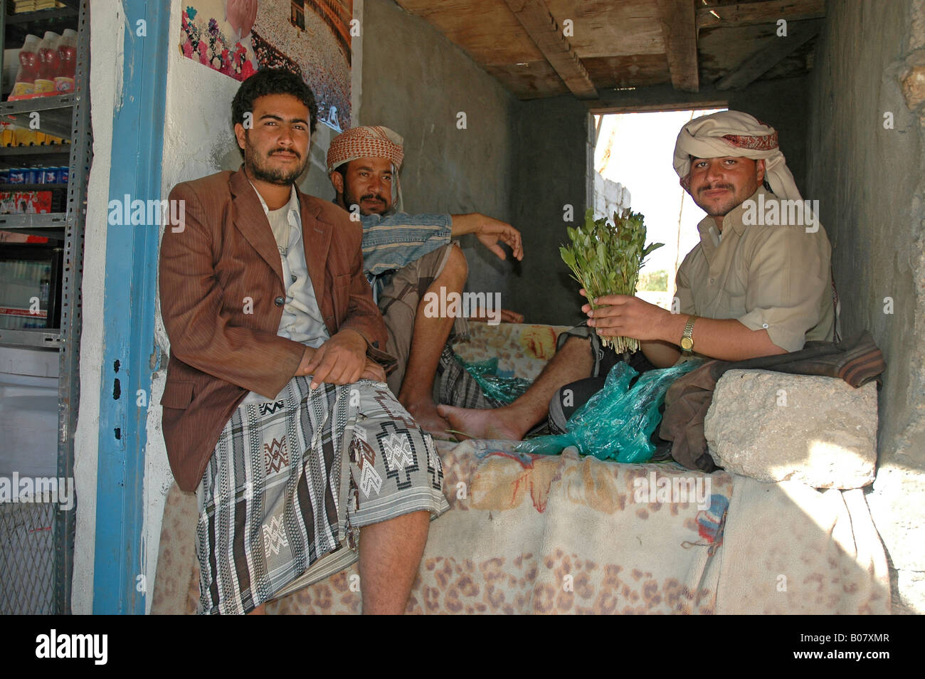 A stall where fresh qat, in Yemen a nationwide leafy stimulant, is sold daily to men who chew it sociably for hours Stock Photo