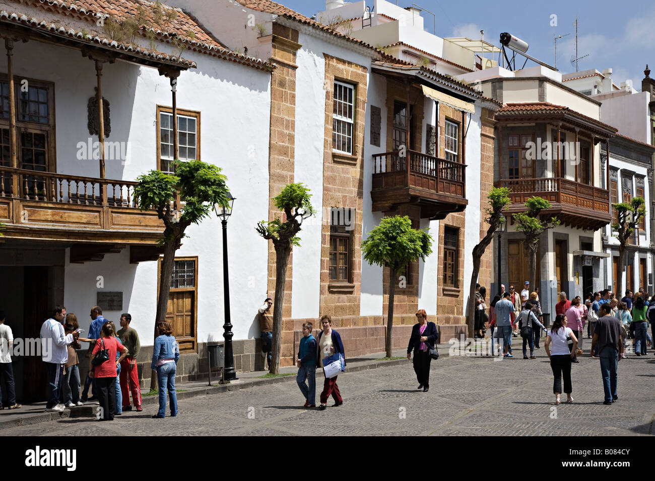 Traditional Canarian balconies in row of houses Teror 'Gran Canaria' Spain Stock Photo