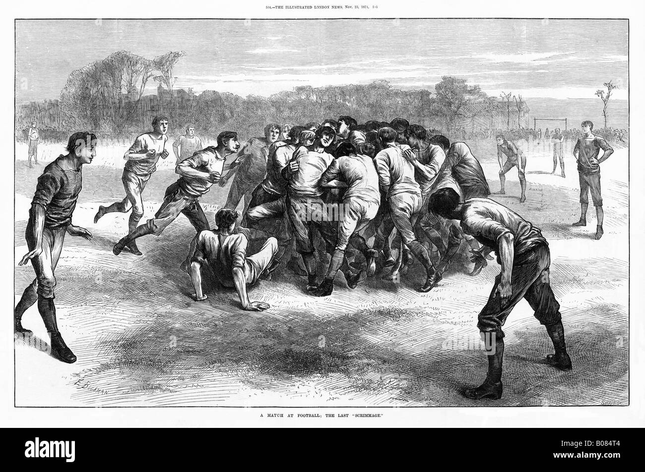 The Last Scrimmage 1871 engraving when rugby was still 20 players a side and it was bad form to bend down to push Stock Photo