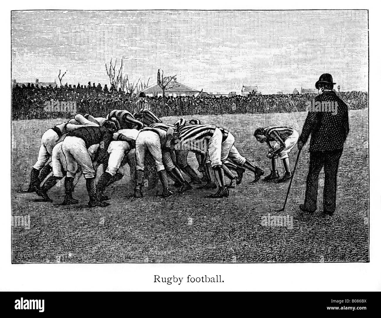 Victorian Rugby Football engraving of a scrummage from the 1887 book by Shearman on rugger Stock Photo