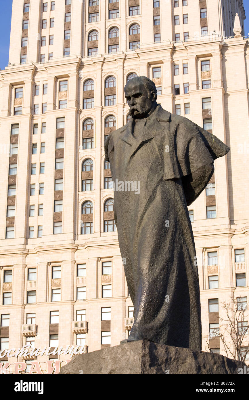 Stature of Tara Shevchenko on banks of River Moscow in front of Hotel Ukraina, Moscow, Russia Stock Photo