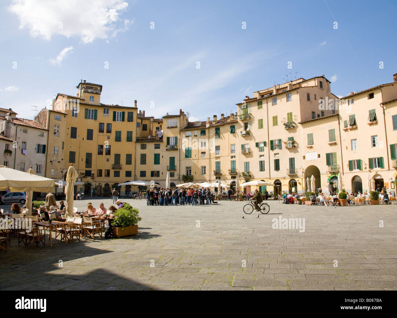Piazza Anfiteatro Romano the square buit on the remains of a Roman amphitheatre in Lucca Tuscany Stock Photo