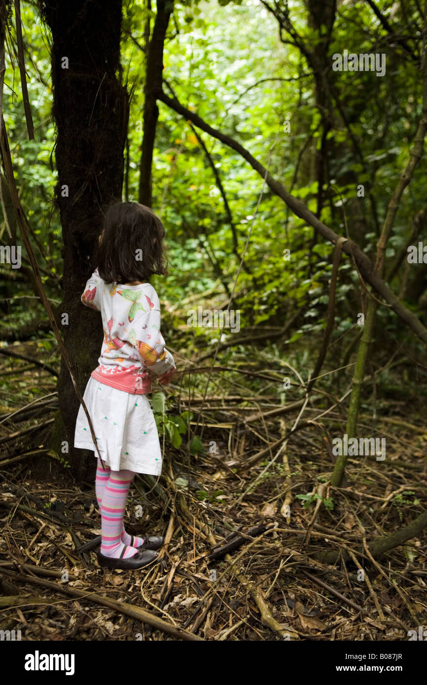 Girl aged four stands with a hand on a tree alone in a forest. New Zealand Stock Photo