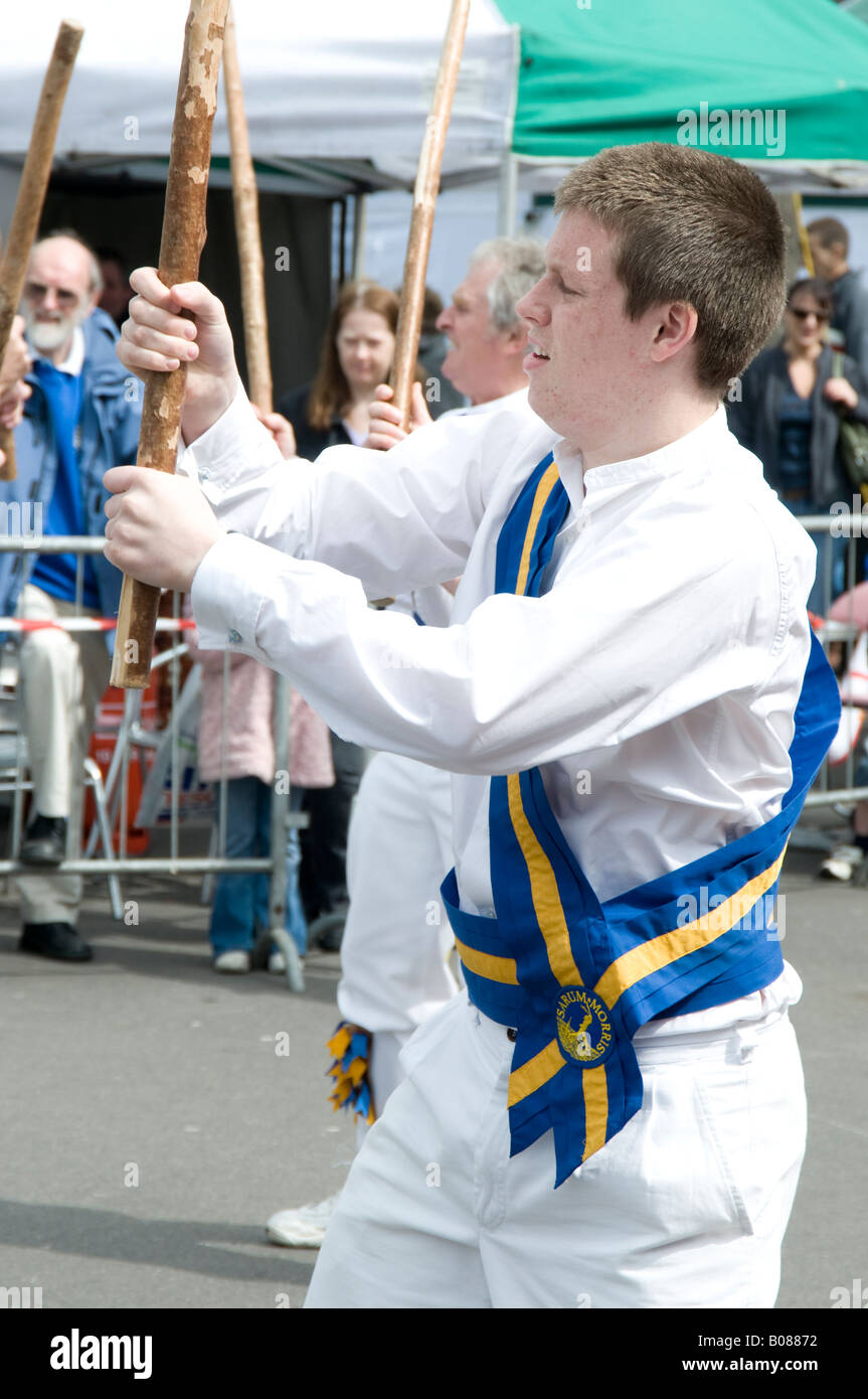 England Salisbury morris dancer in traditional costume taking part in
