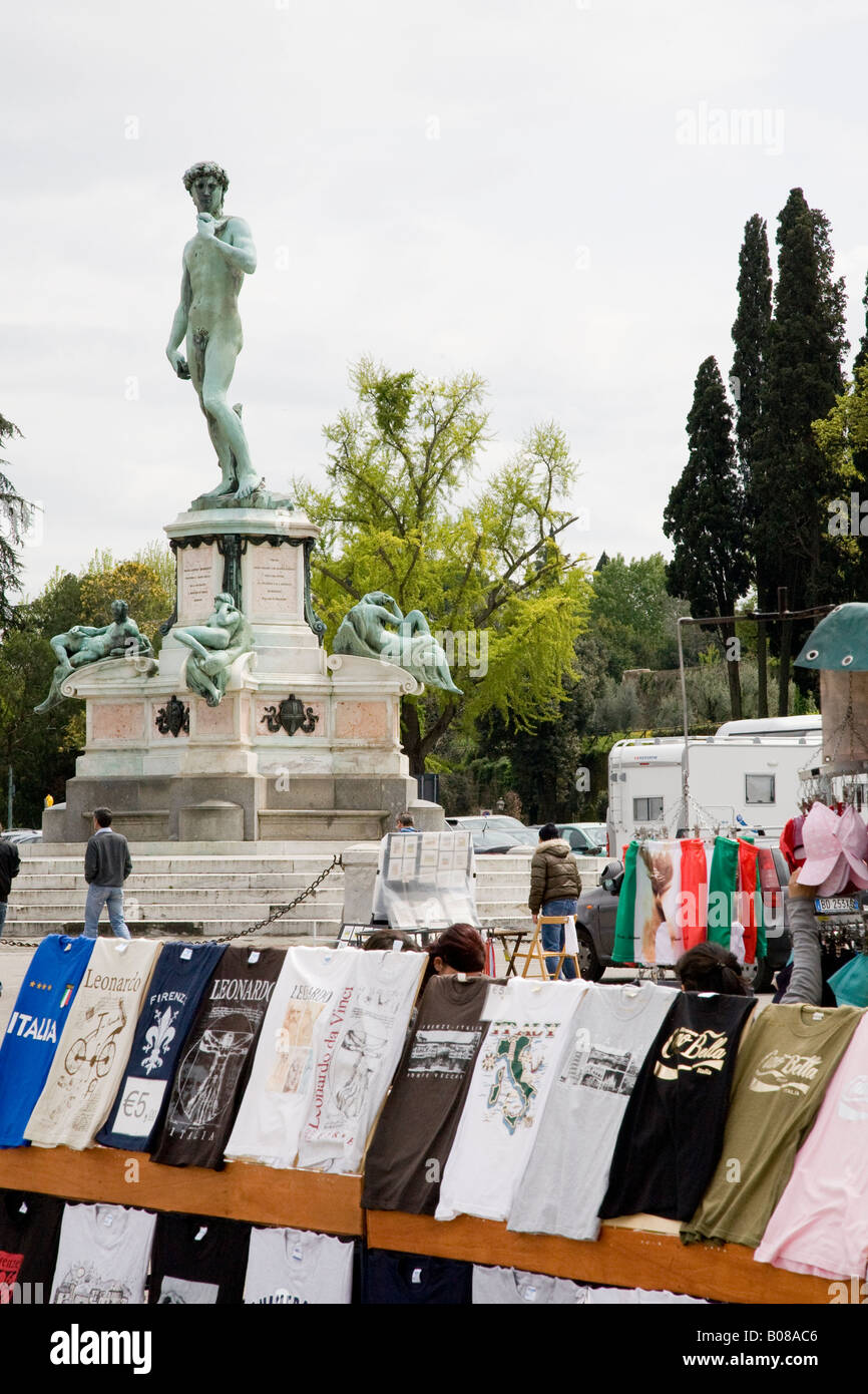 the stalls of street traders on Piazzale Michelangelo Florence and the statue of David Stock Photo
