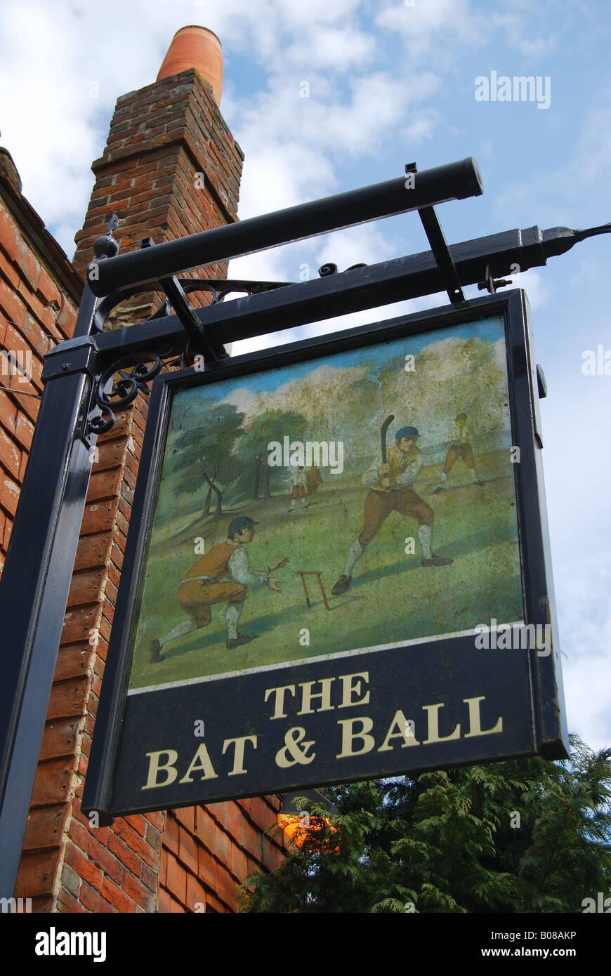 The Bat and Ball Inn sign, Broadhalfpenny Down, Hambledon, Hampshire, England, United Kingdom Stock Photo