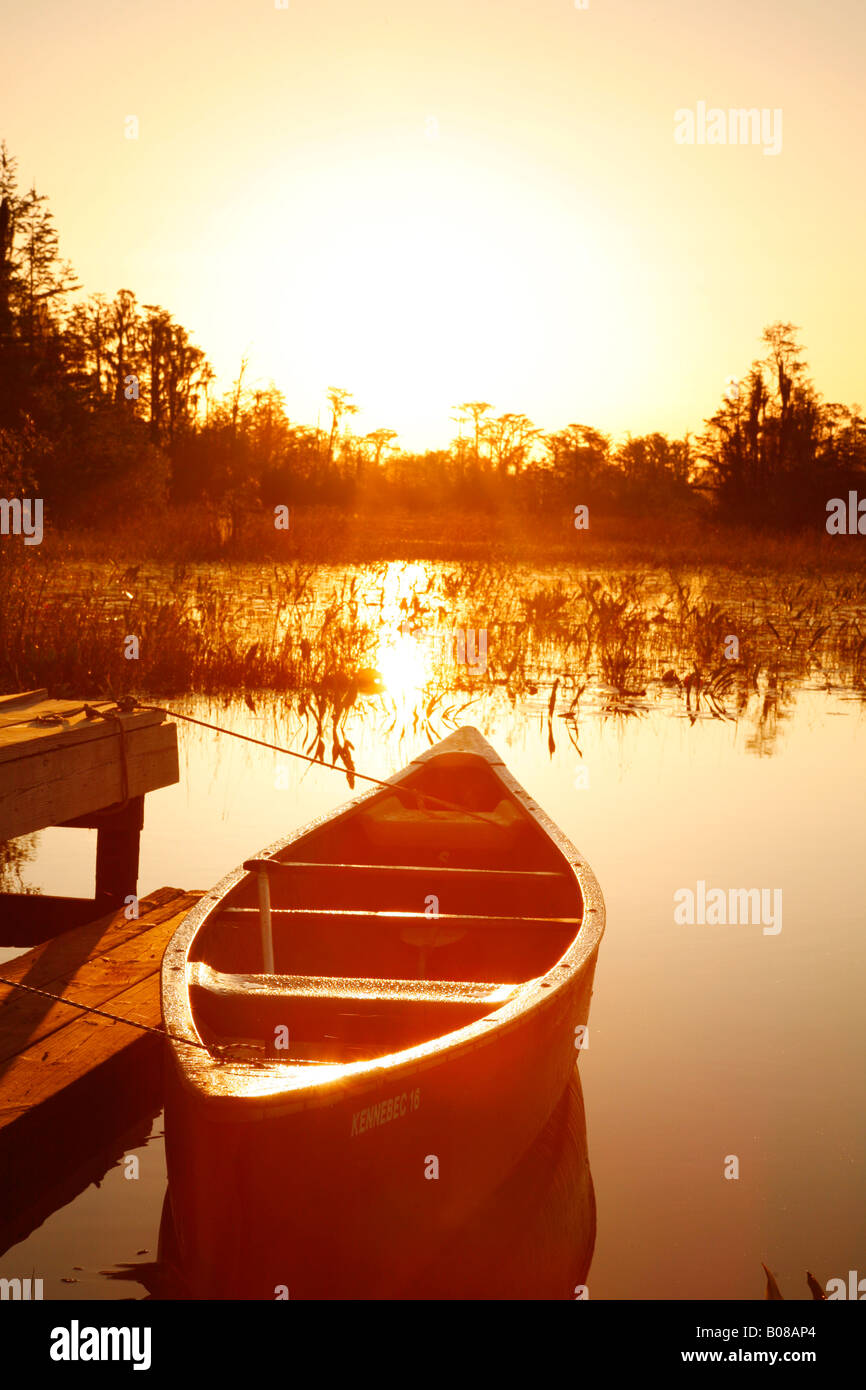 Canoe at Round Top Shelter at sunrise, Chase Prairie, Okefenokee Swamp