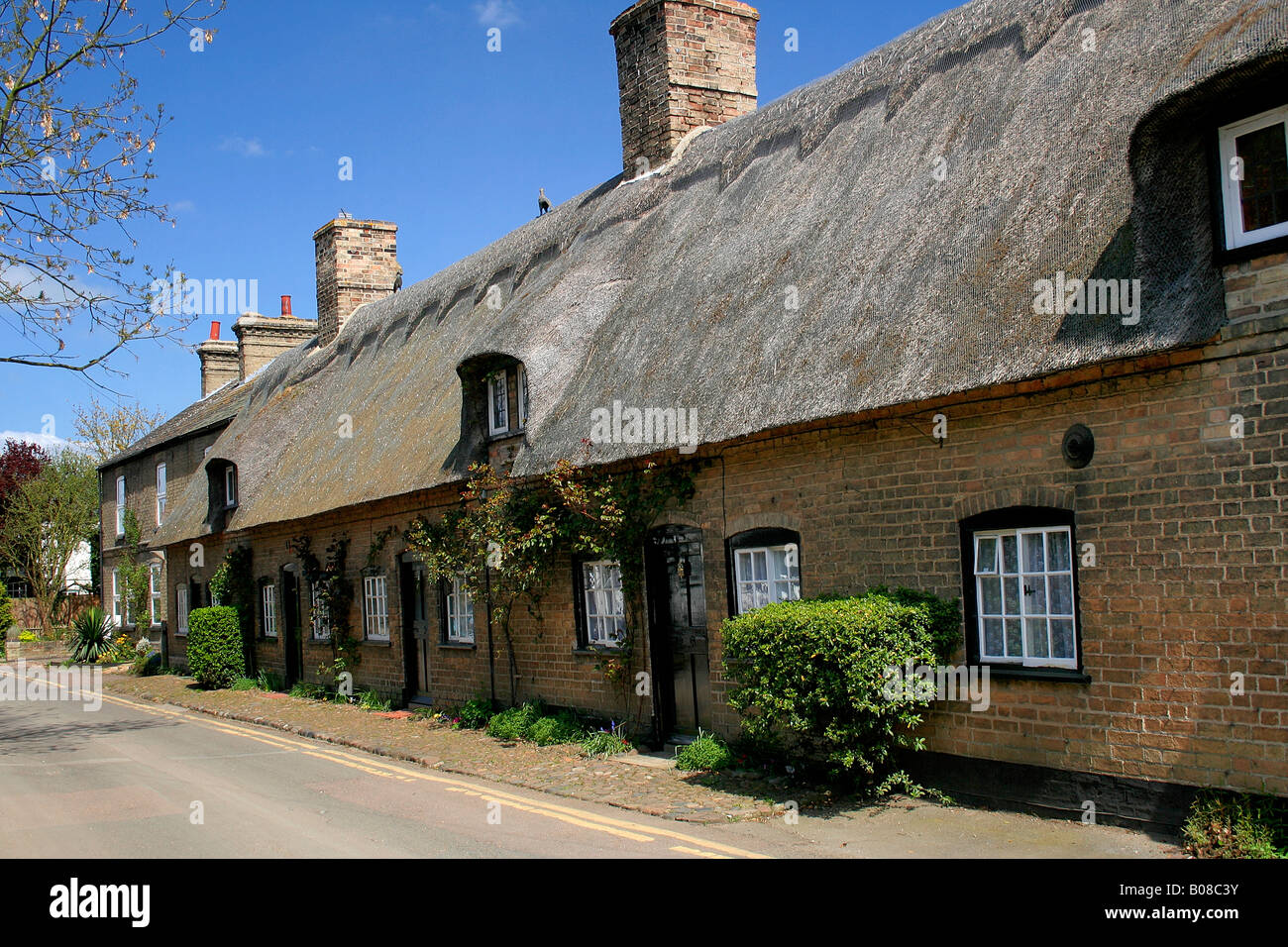 Brick built Thatched Cottages Houghton village Cambridgeshire England