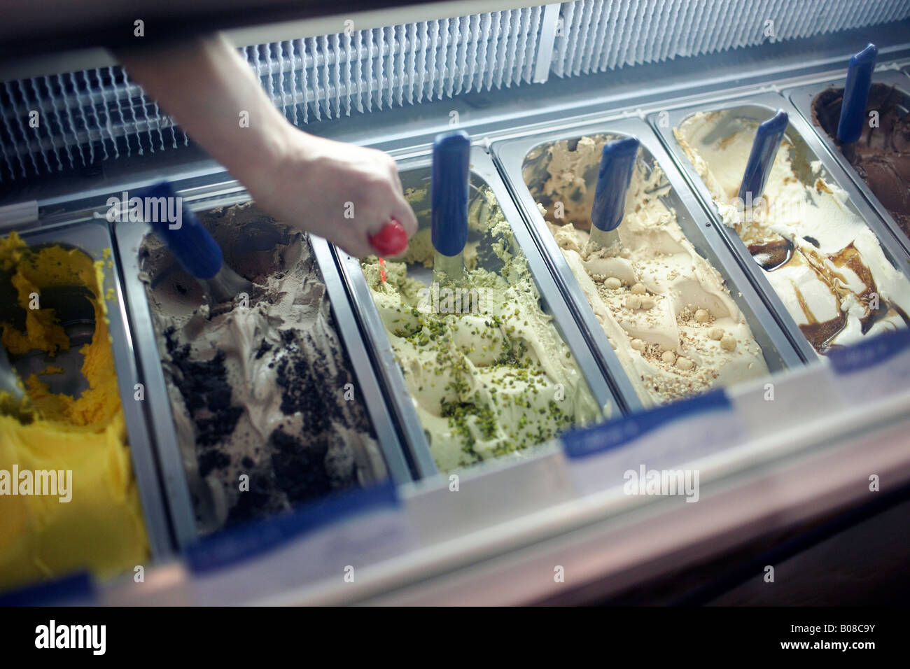Selection of freshly made Italian gelati ice cream. Stock Photo