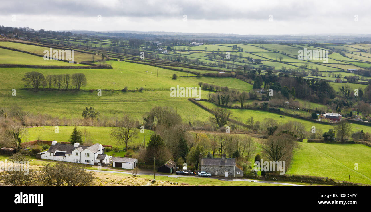 Rolling green fields and farms of Western Dartmoor Devon England Stock