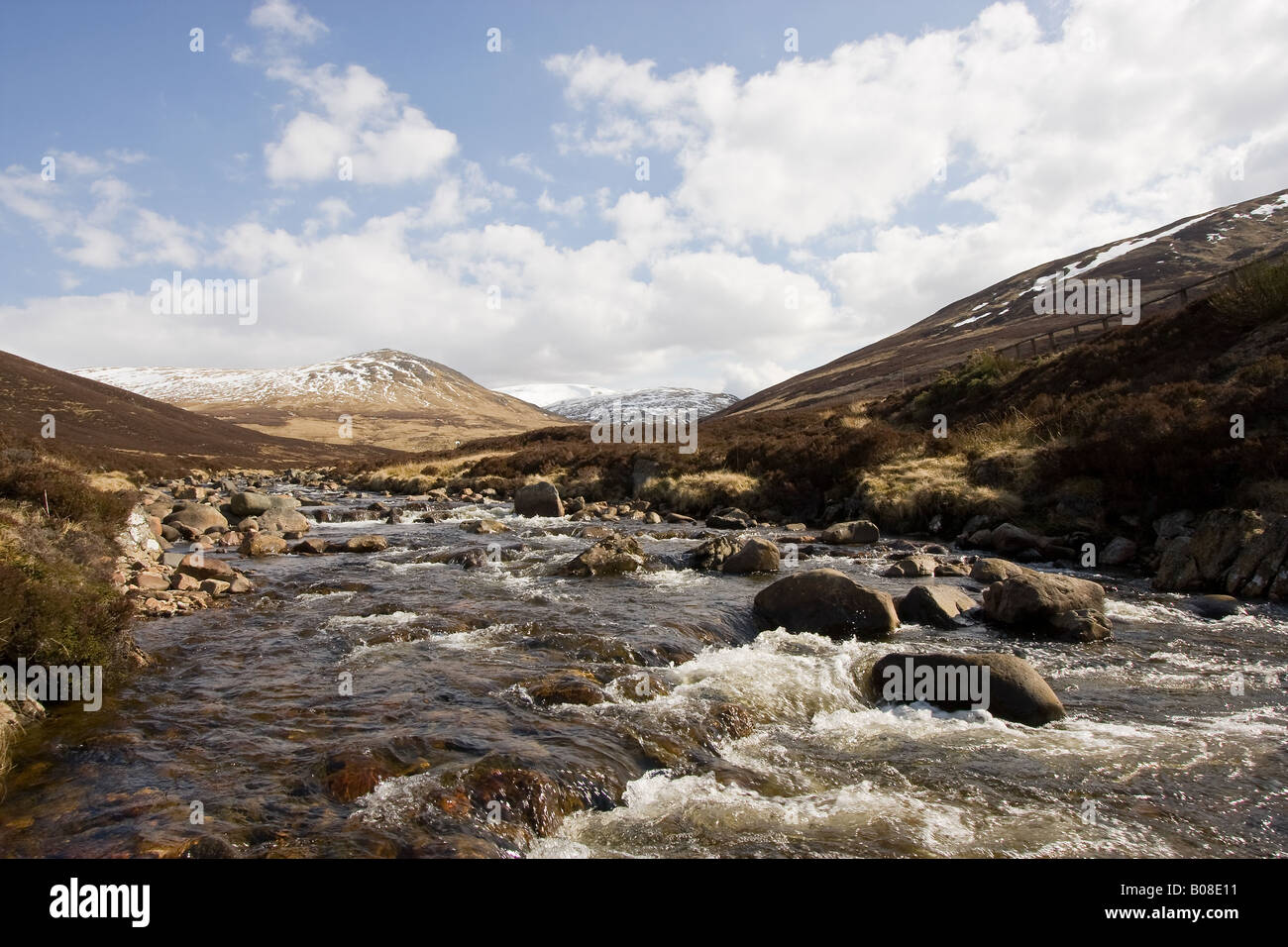 Looking to the source of the Clunie as it flows toward the river Dee Stock Photo