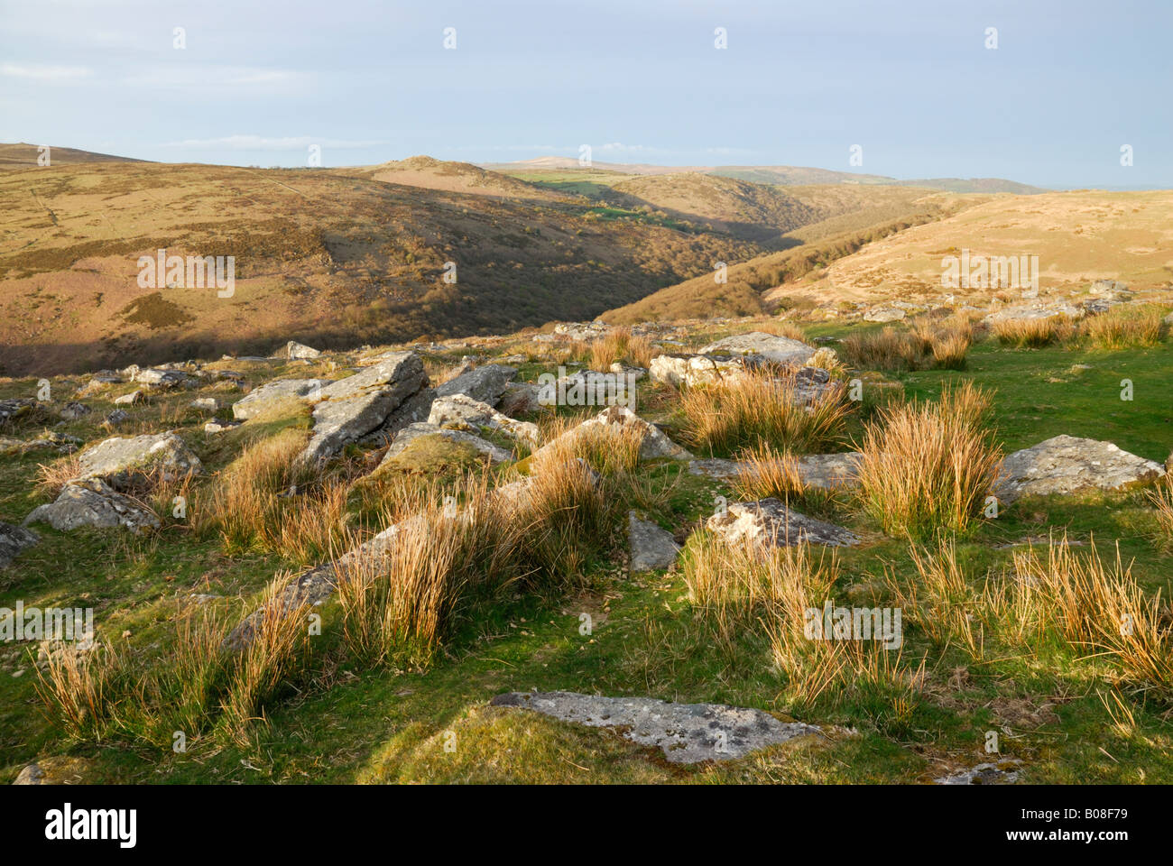 View towards the Dart Valley from Combestone Tor, Dartmoor, UK, in April Stock Photo