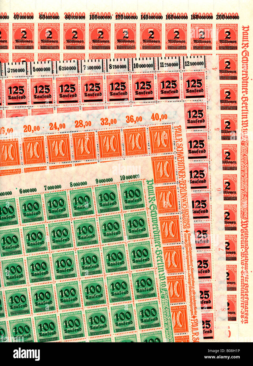 Germany 1923 hyper-inflation period postage stamp complete sheets. Stock Photo