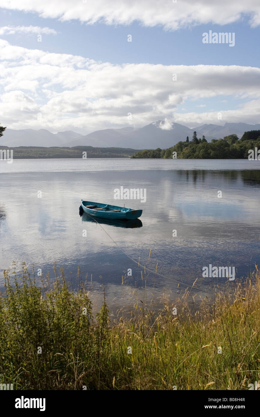 Boat on Loch Lochy with Ben Nevis behind, Invernessshire, Scotland