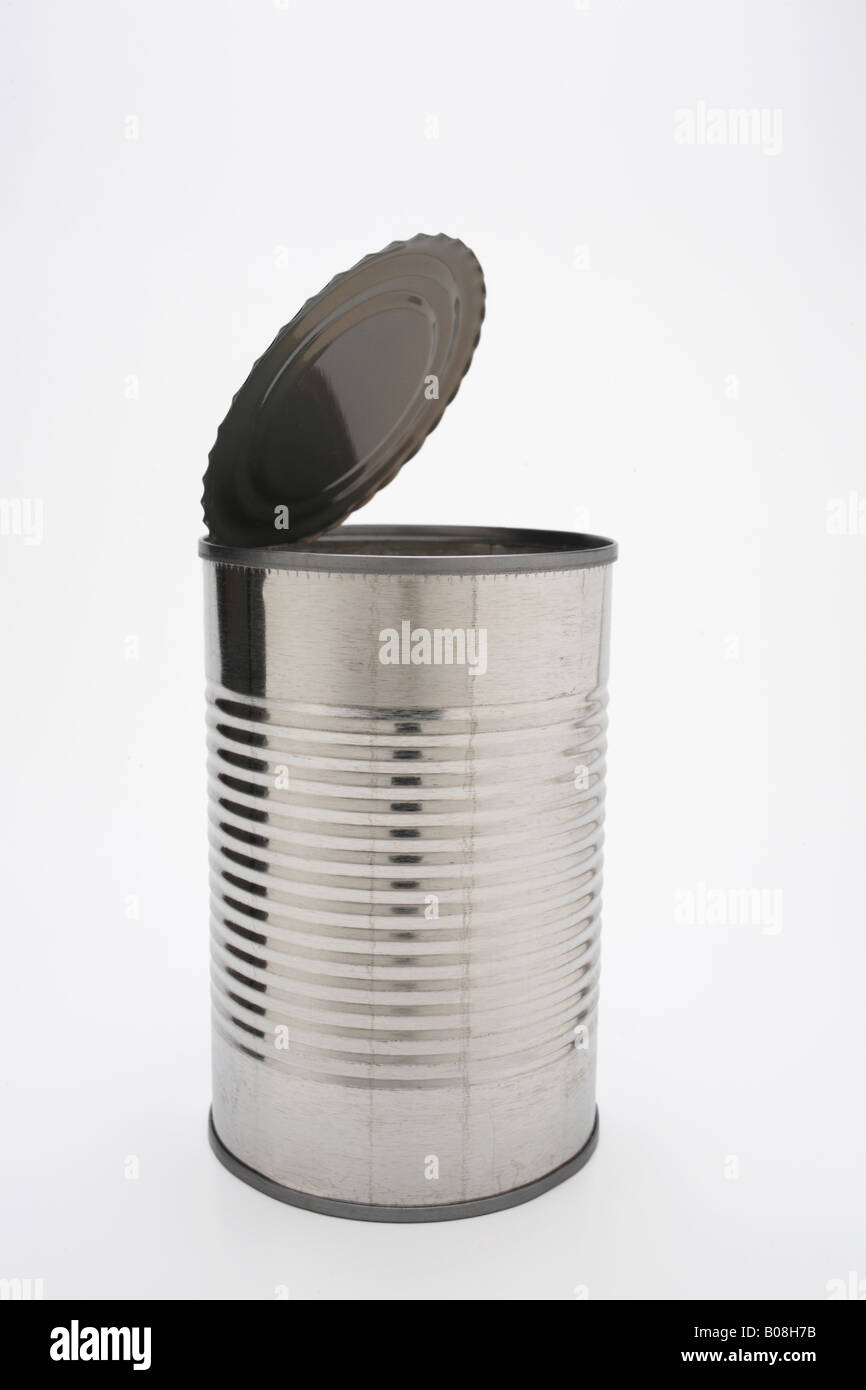 Empty tin can with open lid Stock Photo