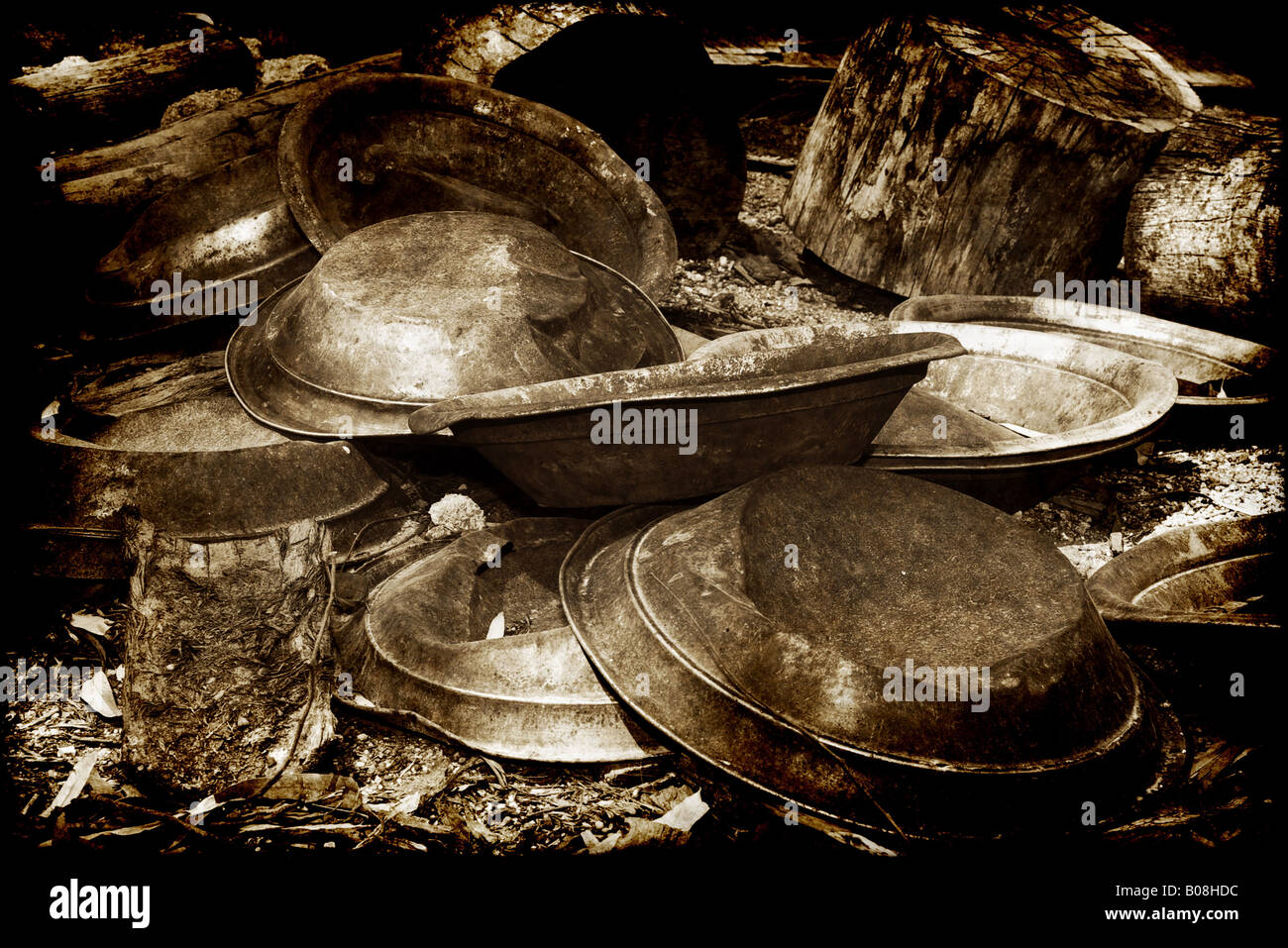 failed pile of gold pans after everyone has given up Stock Photo