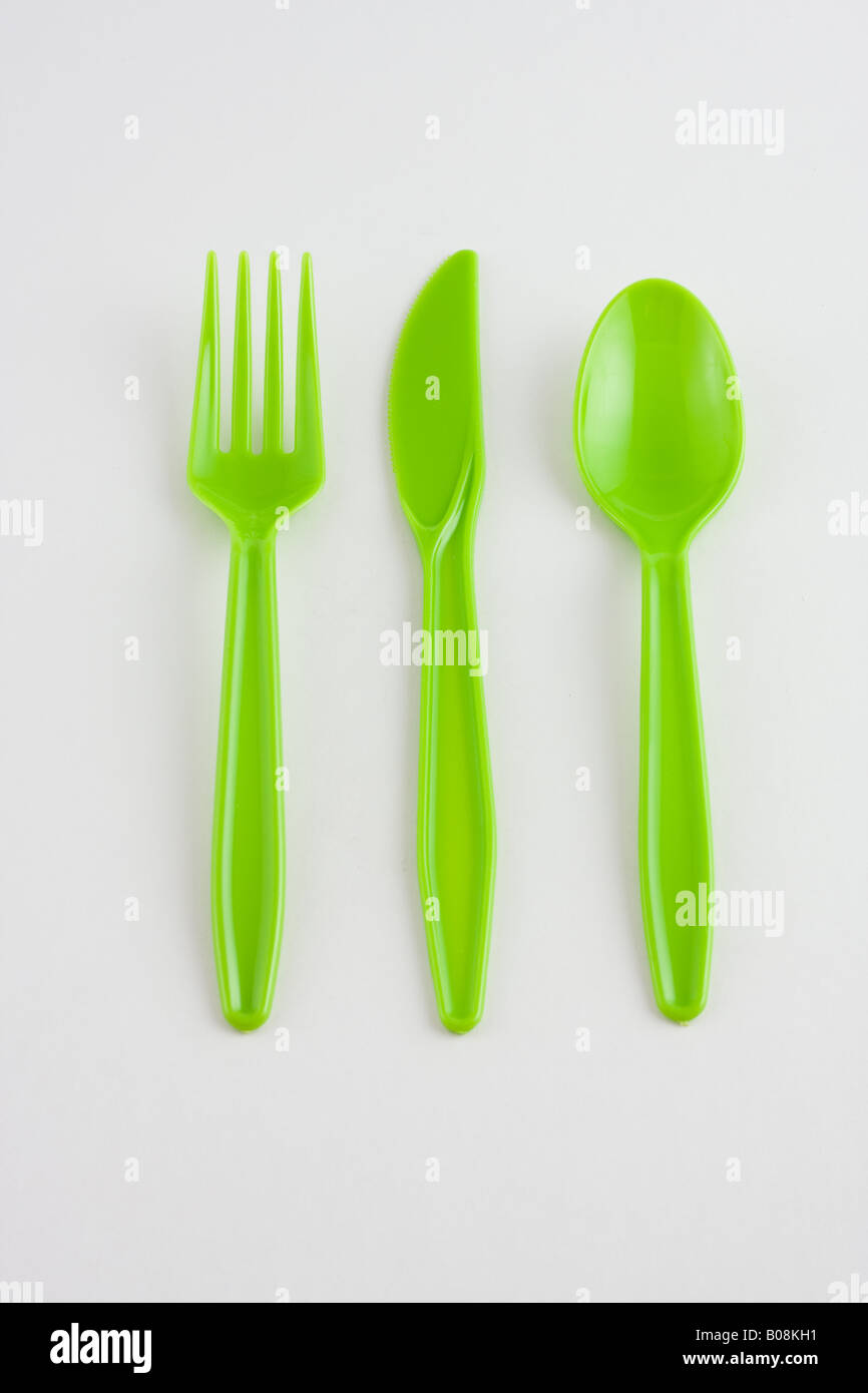 Green plastic utensils Stock Photo Alamy
