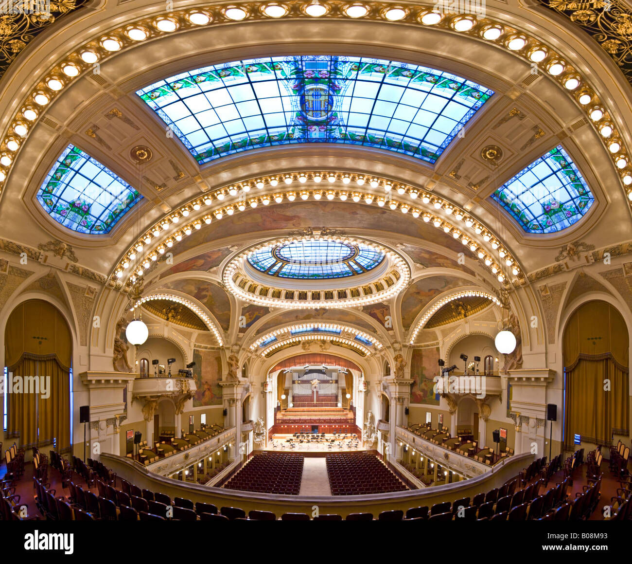 A 6 picture panoramic stitch in the Smetana Concert Hall of the Municipal House of Prague. Stock Photo