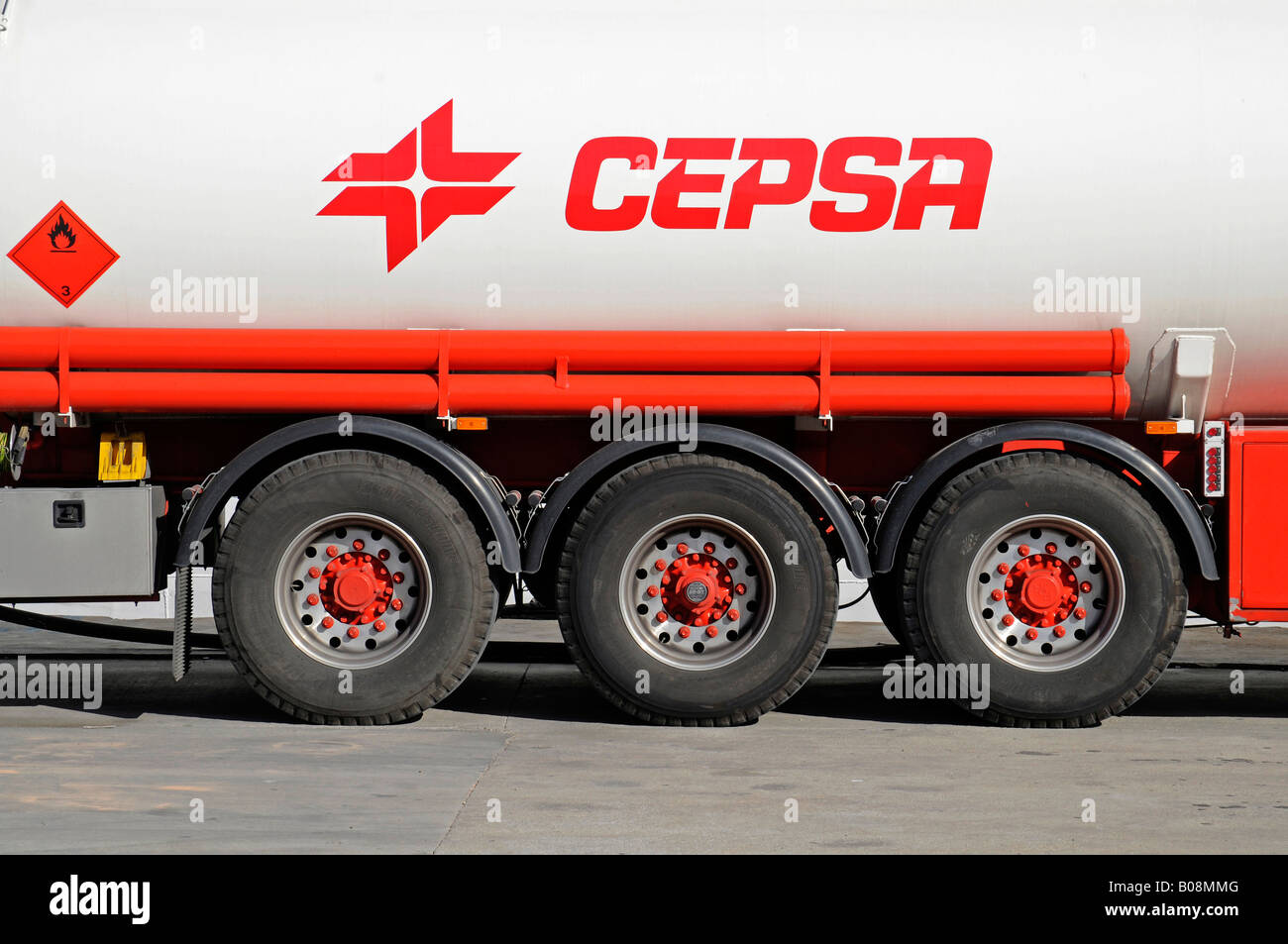 Cepsa oil company logo on a fuel truck, Denia, Valencia, Costa Blanca, Spain Stock Photo
