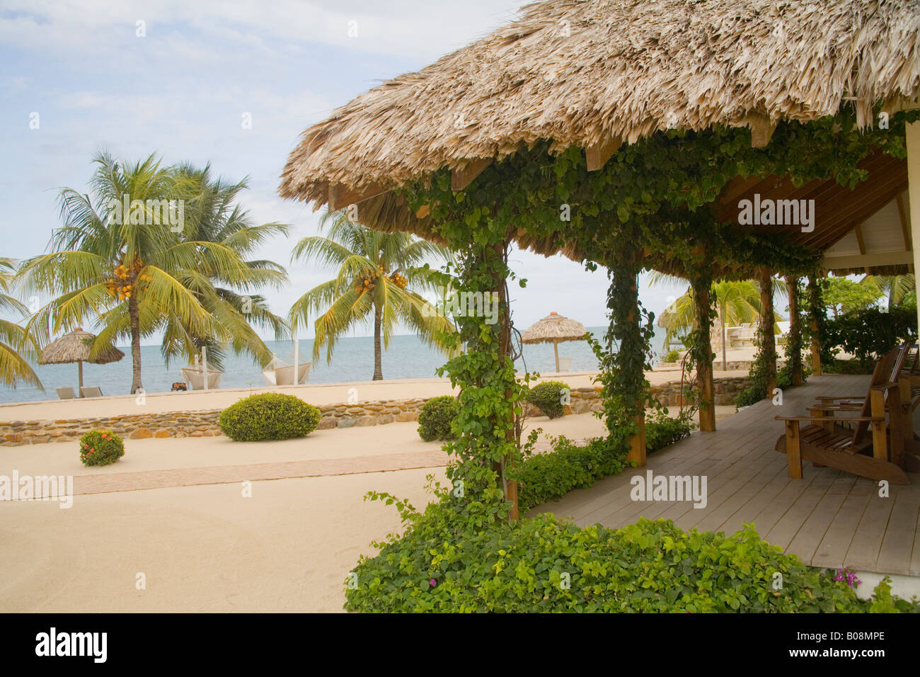 Thatched cabana on beach with palm trees, looking out to Caribbean Sea