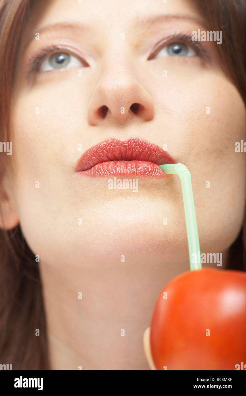 Closeup Womans Lips Drinking Straw Stock Photo 152961200