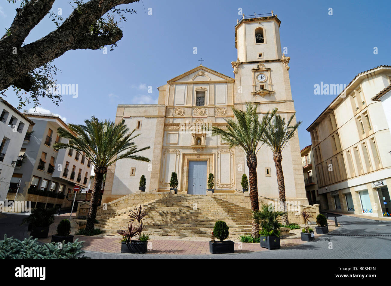Palm treas in front of the La Purisima Concepcion Church of La Nucia, Alicante, Costa Blanca, Spain Stock Photo