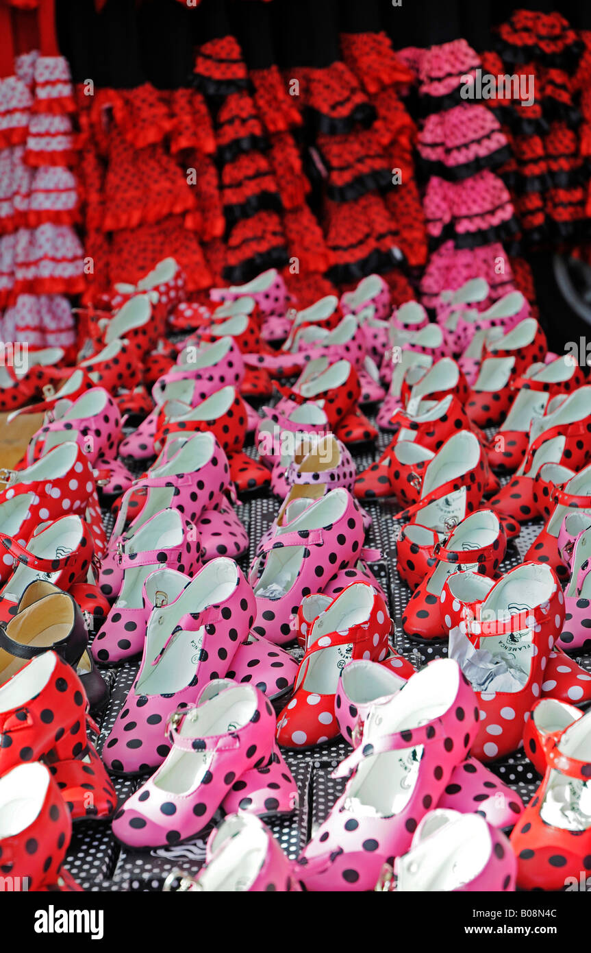 Flamenco shoes and clothes for sale at the weekly market, Altea, Alicante, Costa Blanca, Spain Stock Photo