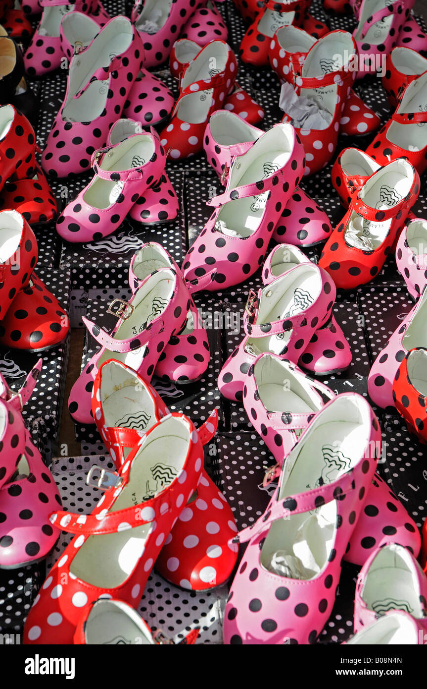 Flamenco shoes for sale at the weekly market, Altea, Alicante, Costa Blanca, Spain Stock Photo