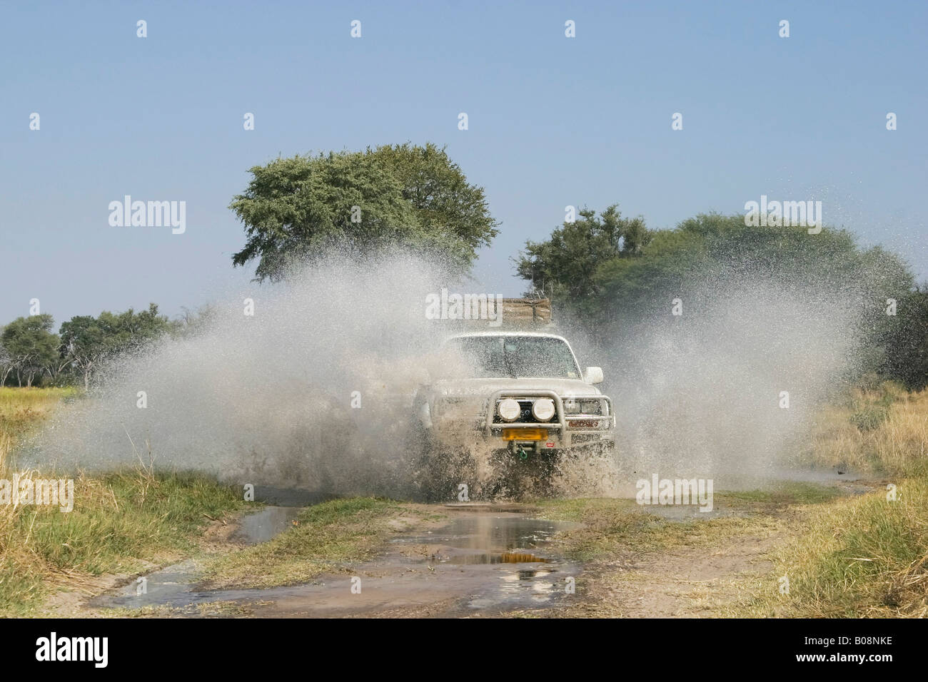 Toyota Land Cruiser 4x4 driving through the water, splashing, Khwai River, Moremi National Park, Moremi Wildlife Reserve, Okava Stock Photo