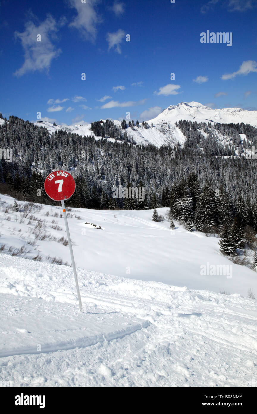 Beautiful panoramic landscape shot on the red piste Les Arbis,  in the ski resort of  Morzine, France Stock Photo